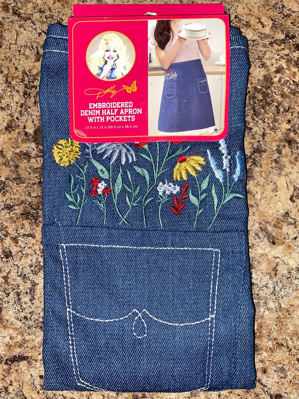 NWT | Dolly by Dolly Parton | Denim Half Apron w Pockets & Embroidered Flowers